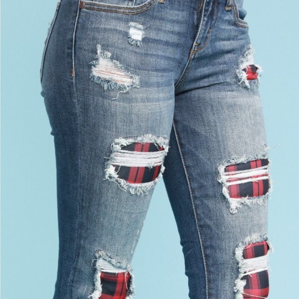 Judy Blue Buffalo Plaid Patch Skinny Jeans Size 5 - Picture 5 of 11